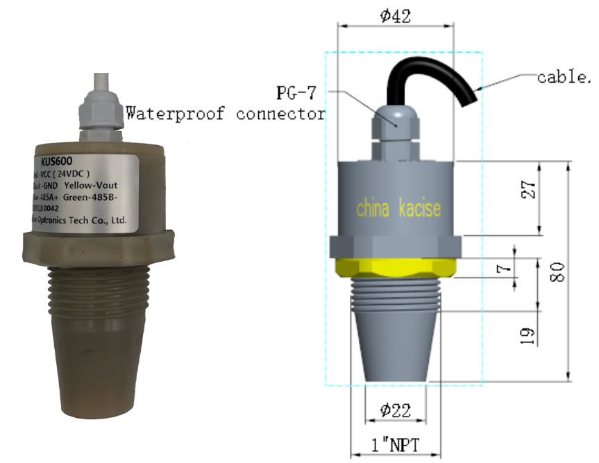 IP68 5m compteur de niveau d'eau à ultrasons sortie RS485 capteur de niveau de liquide PVDF KUS600